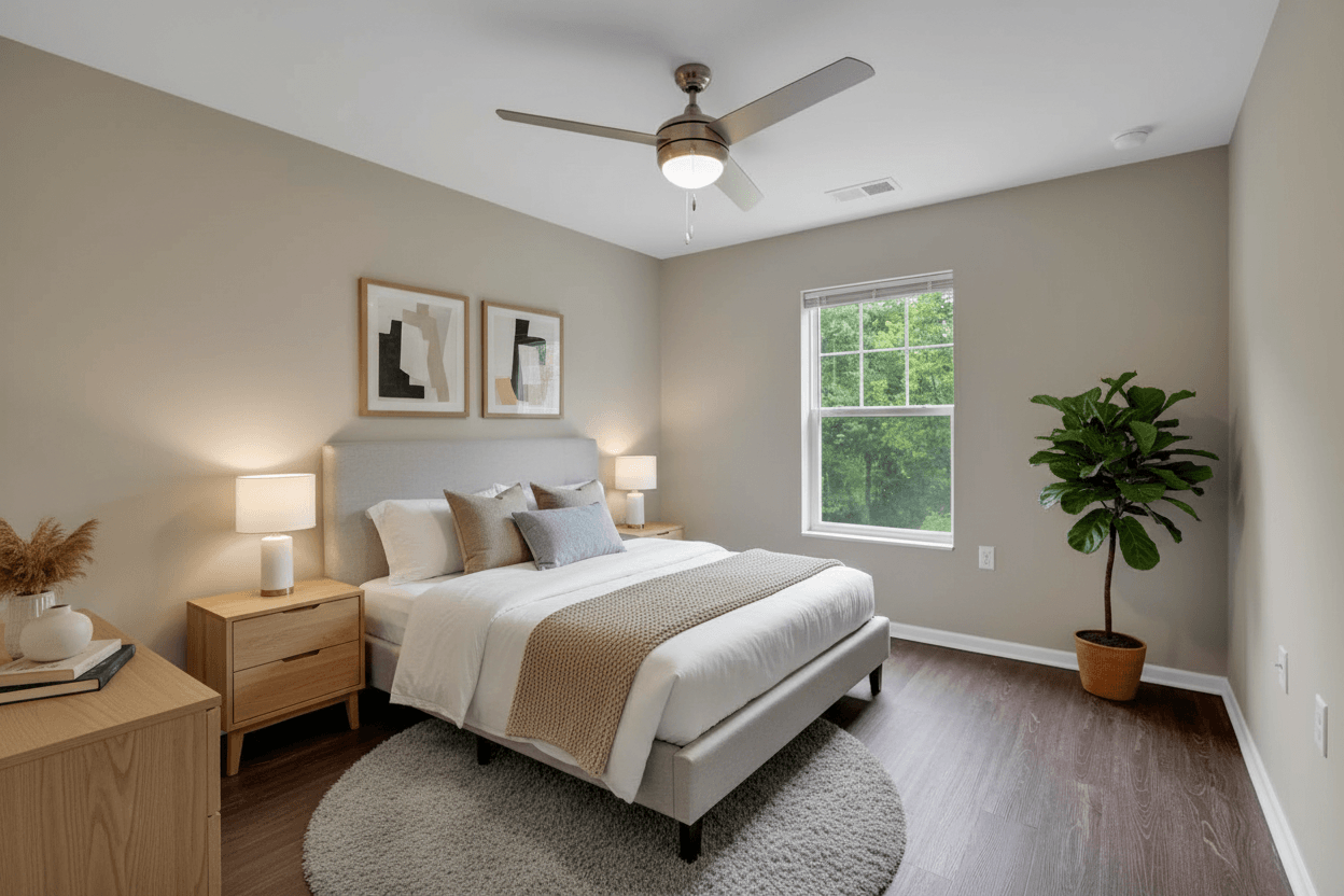 A bedroom with a bed, nightstand, and a plant.