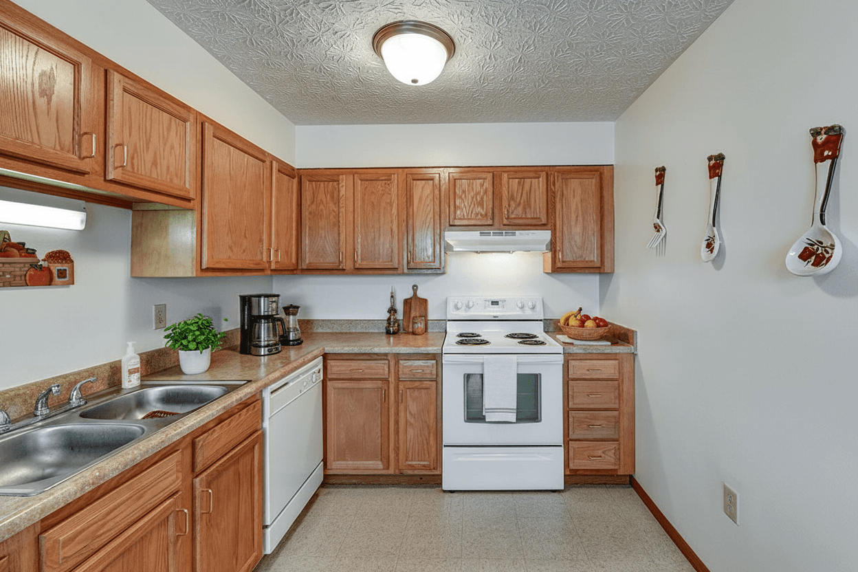 A kitchen with wooden cabinets and a white stove top oven.