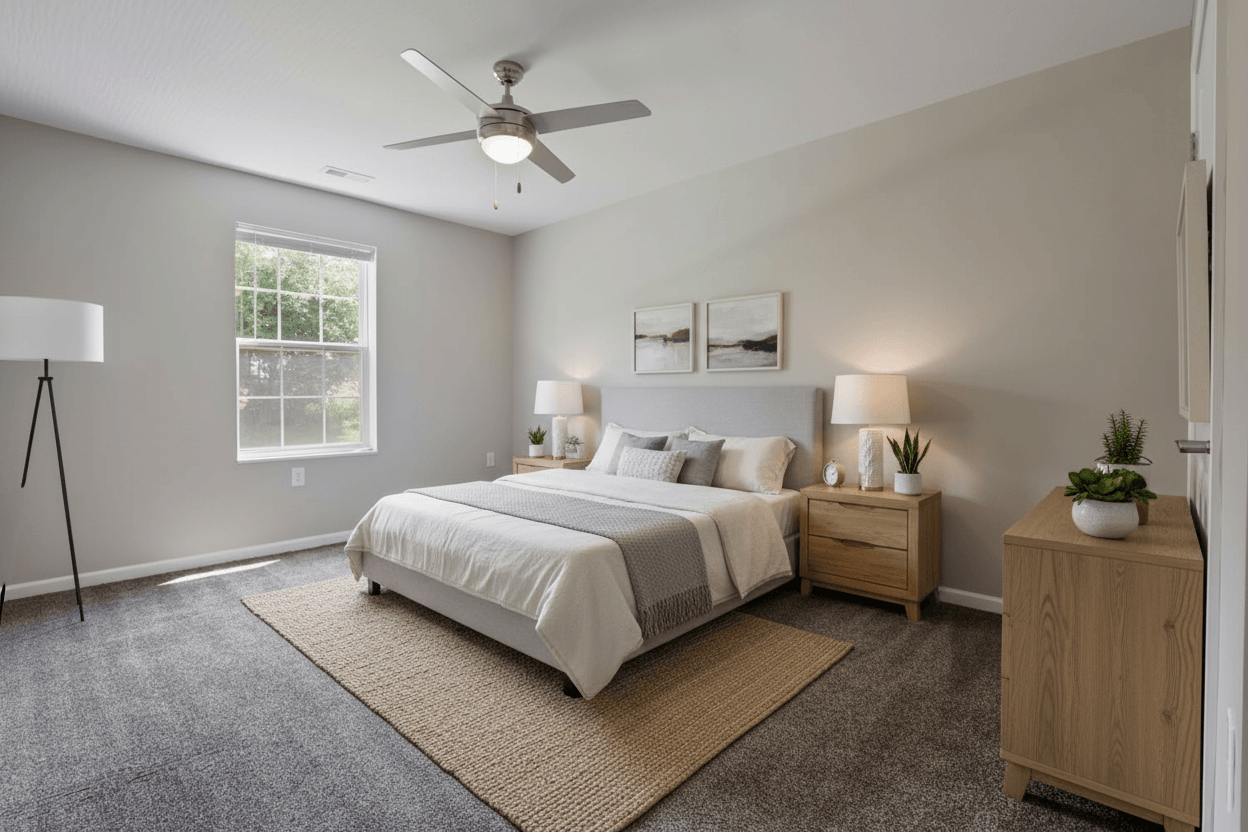 A bedroom with a bed, nightstand, and a ceiling fan.
