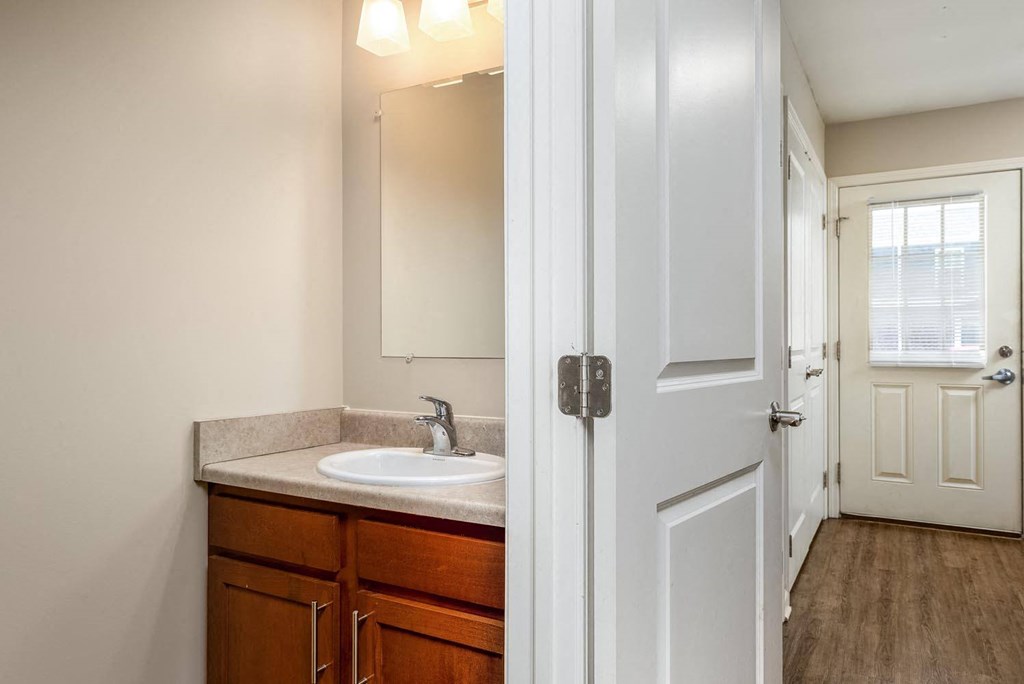 a bathroom with a sink and a mirror
