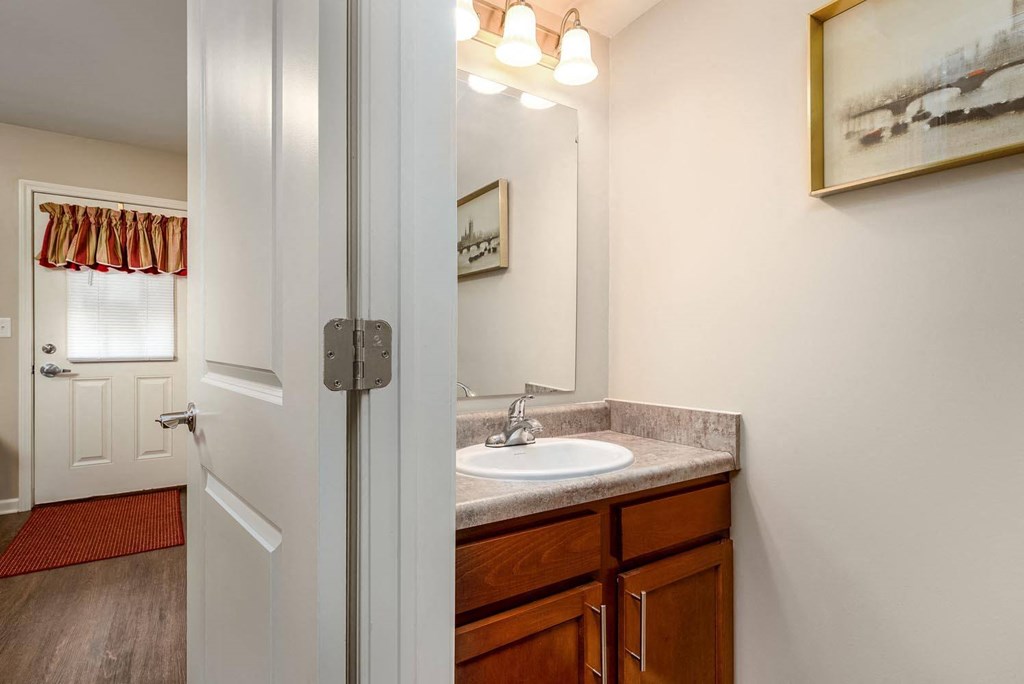 a bathroom with a sink and a mirror