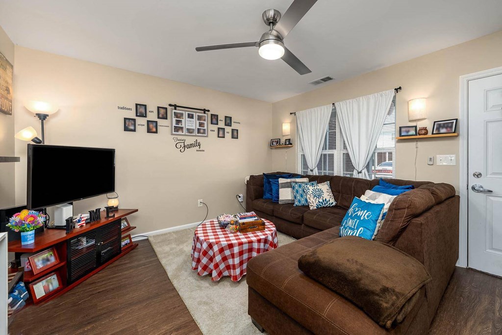 a living room with two couches and a tv