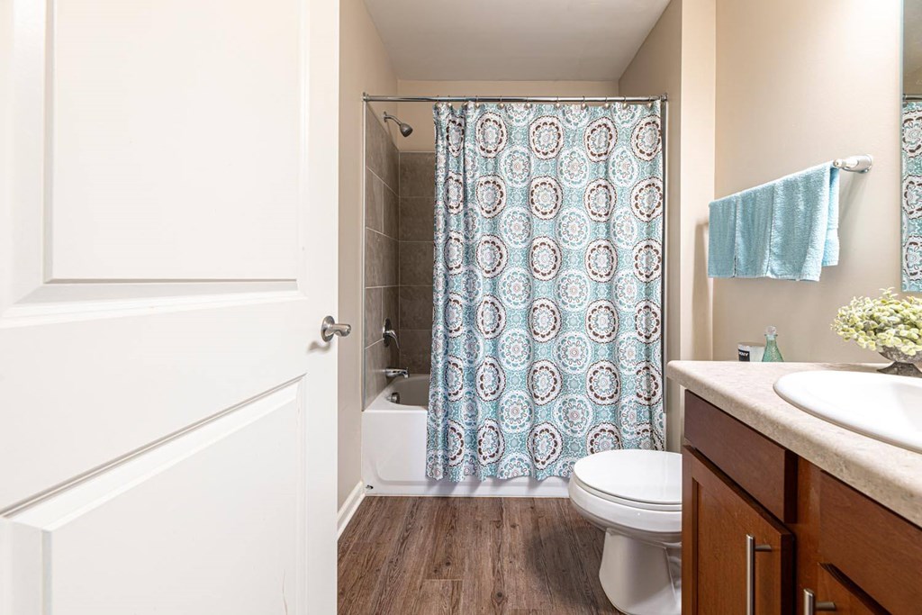 A bathroom with a toilet, sink, and shower curtain.