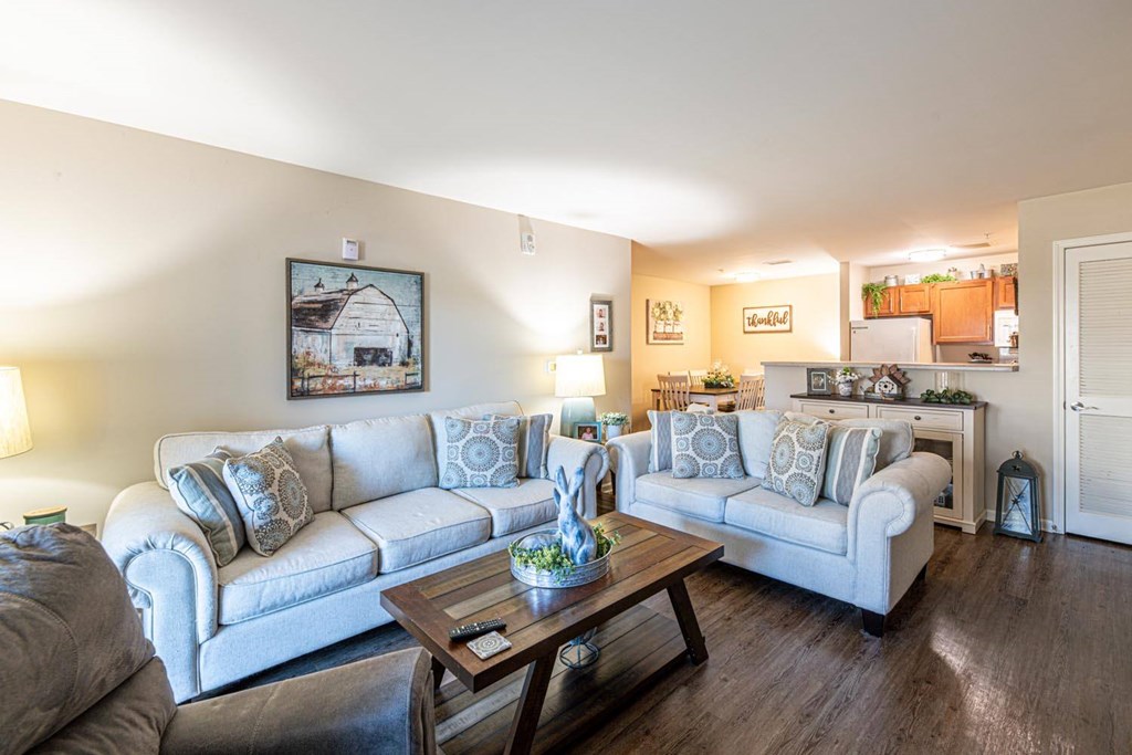 A living room with a grey couch and a coffee table.