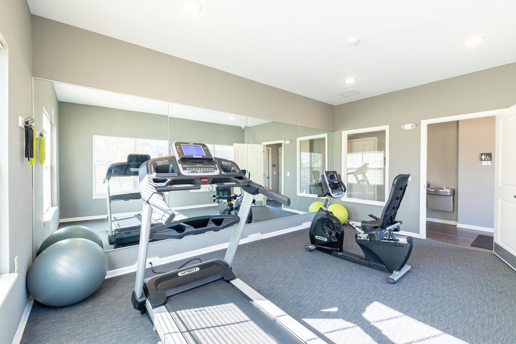 A home gym with a treadmill, exercise bike, and weights.
