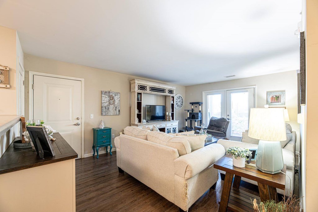 A living room with a couch, a coffee table, and a television.
