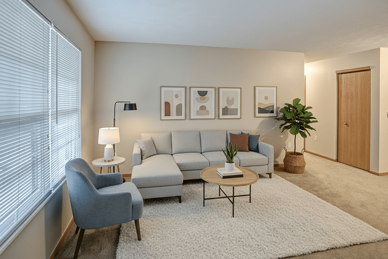 A living room with a grey couch, a blue armchair, a white rug, and a wooden coffee table.