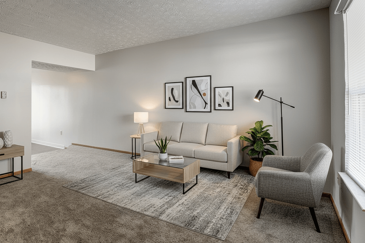 A living room with a white couch, a grey armchair, a coffee table, and a rug.