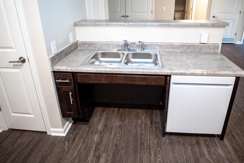 a kitchen with a sink and a counter with two sinks
