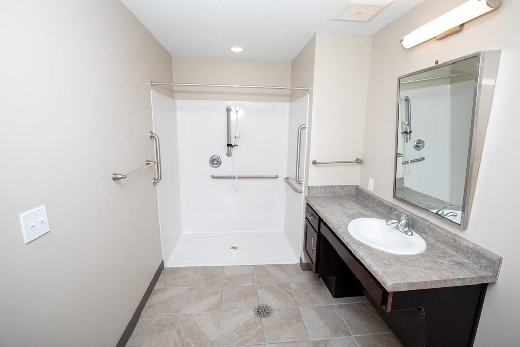 a bathroom with a shower and a sink and a mirror
