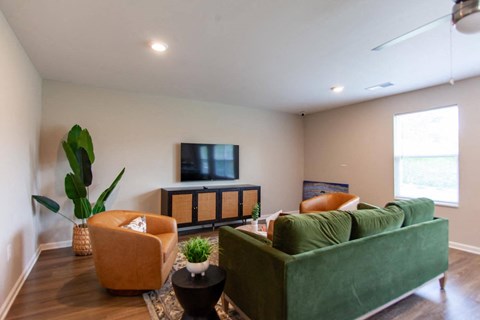 a living room with a green couch and a tv