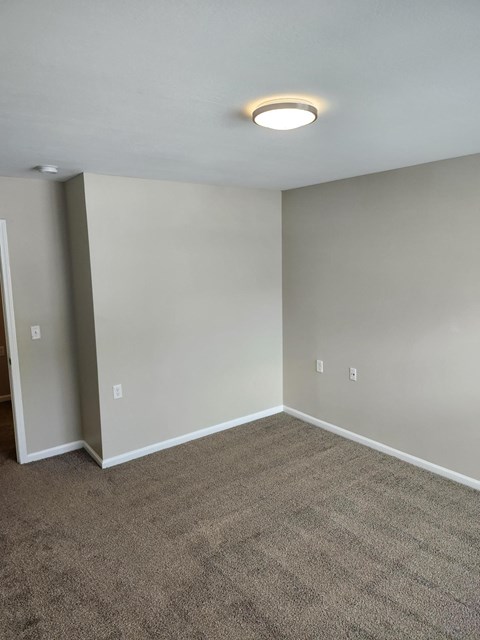 A room with a carpeted floor and a ceiling light.