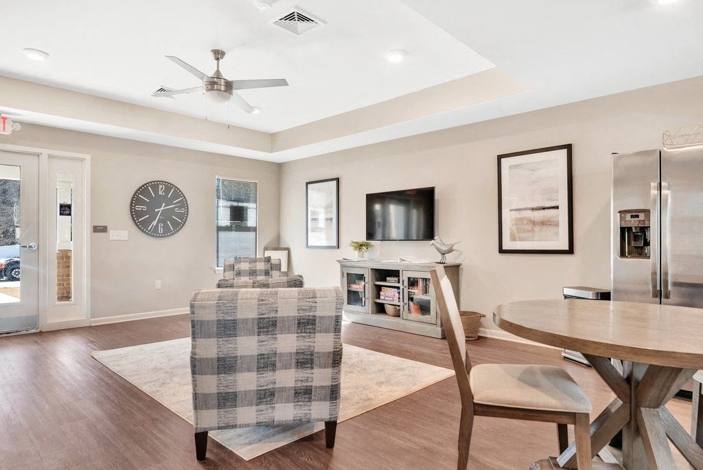 a living room with a couch and a table