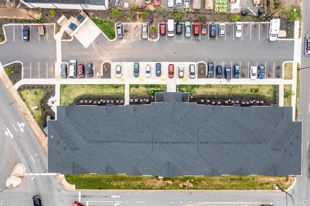 a birdseye view of a parking lot