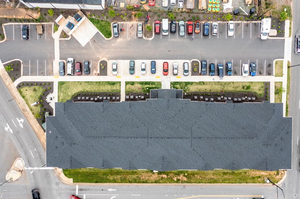 a birdseye view of a parking lot