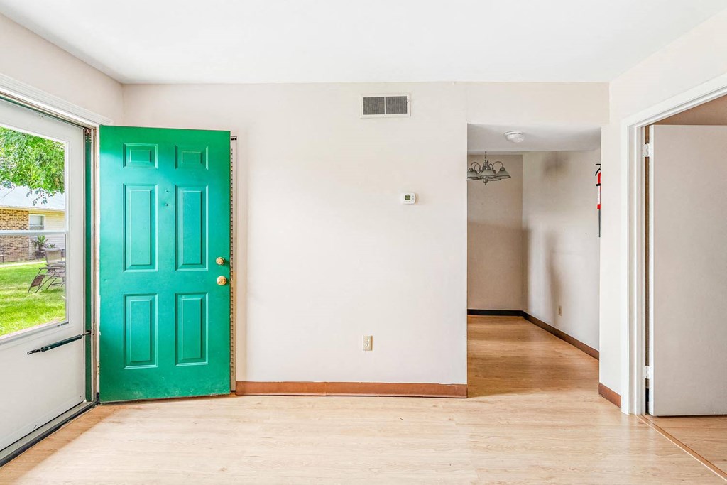 a green door in a white room with a wood floor