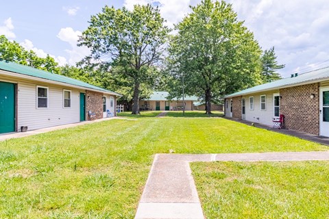 a yard between two buildings with grass and trees