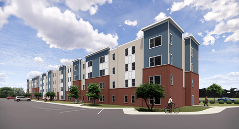 a rendering of an apartment building with a cyclist in front of it