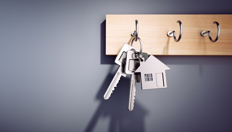 A set of keys is hanging from a hook on a wooden board, with a miniature house keychain attached to the keys.