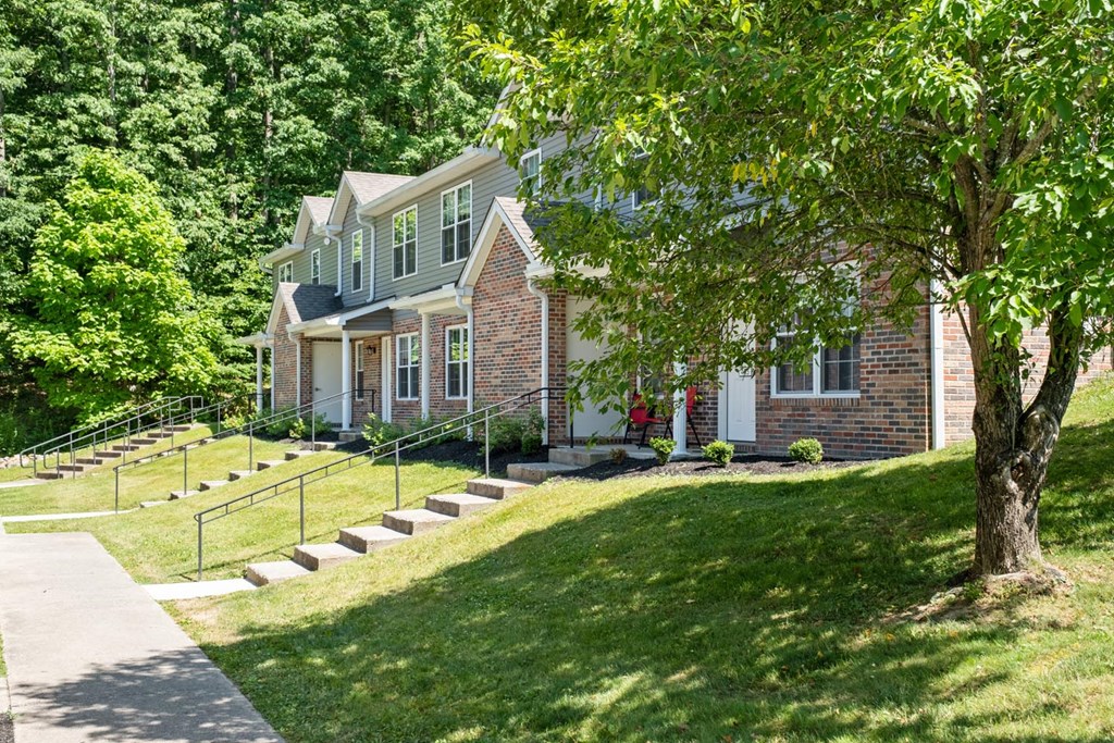the front of a house with a lawn and a tree