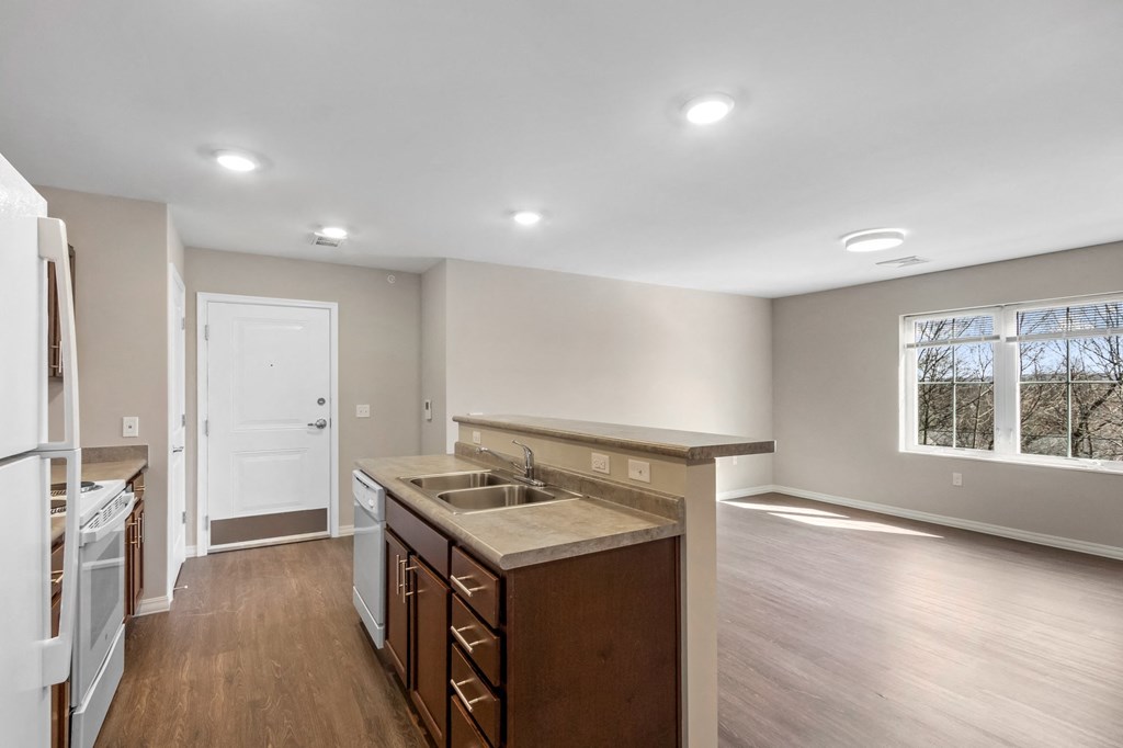 an empty kitchen with a sink and a window
