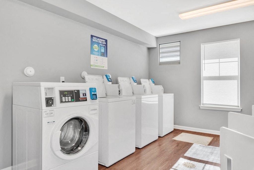 a group of washers and dryers in a laundry room