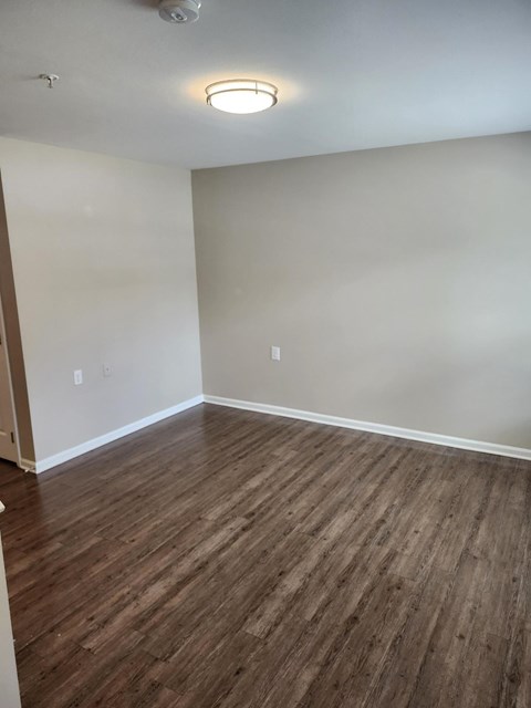 A room with wooden flooring and a ceiling light.