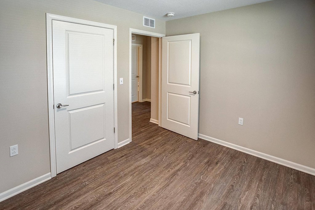 a bedroom with two closets and a door to a hallway