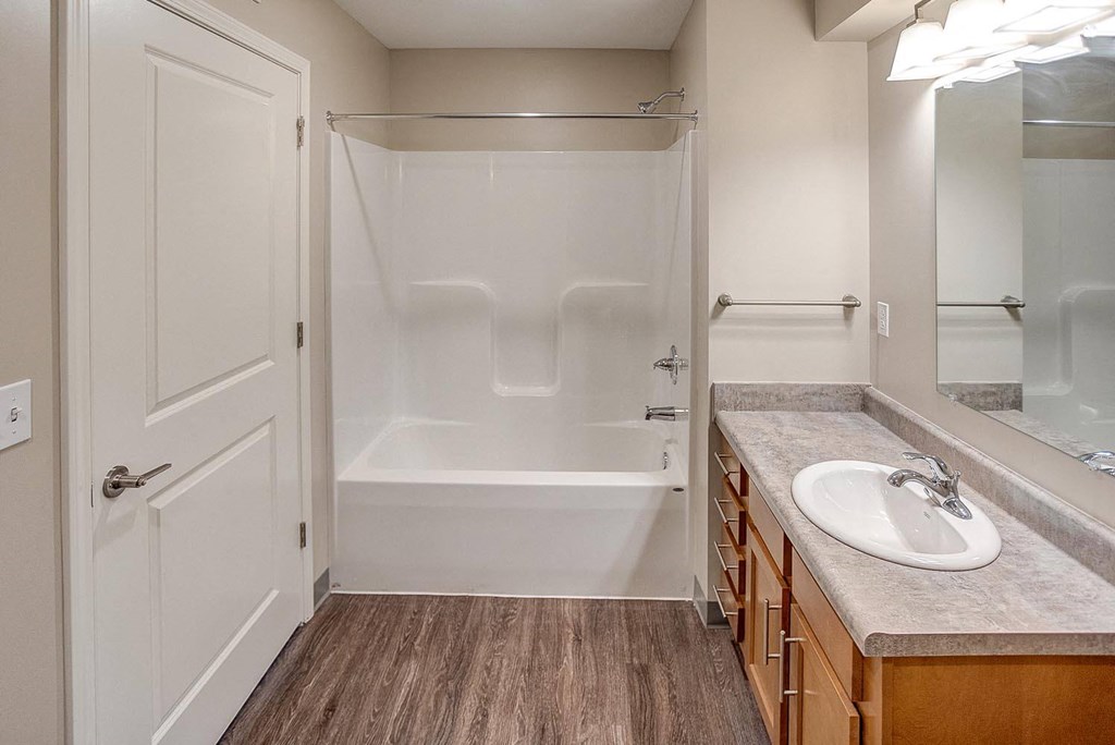 a bathroom with a shower and a sink and a mirror