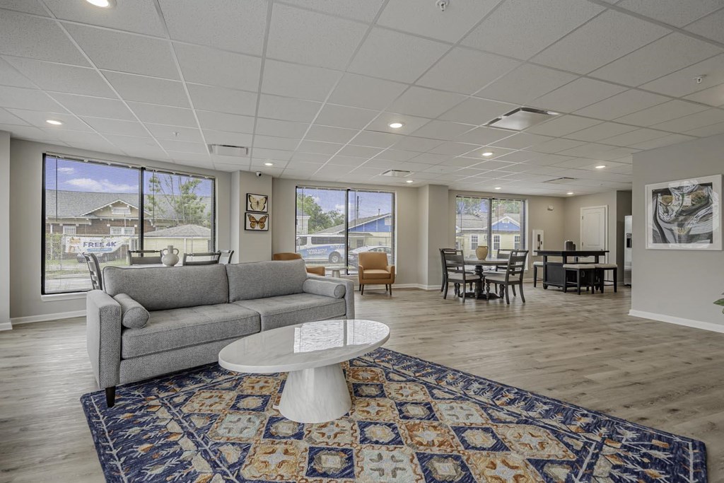 a living room with a couch and a coffee table