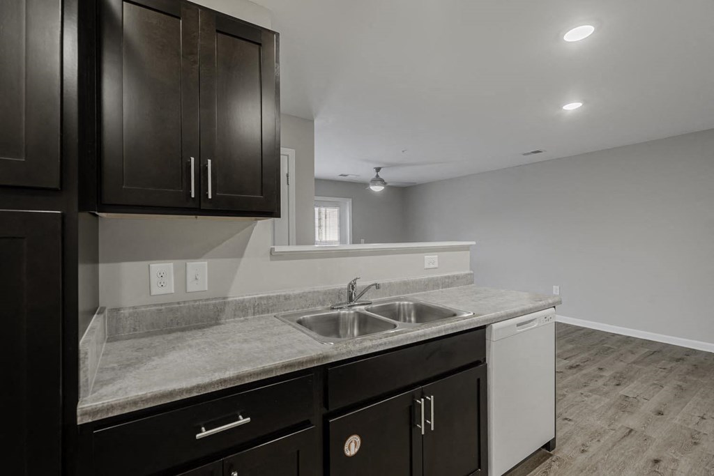 a kitchen with a sink and cabinets and a window