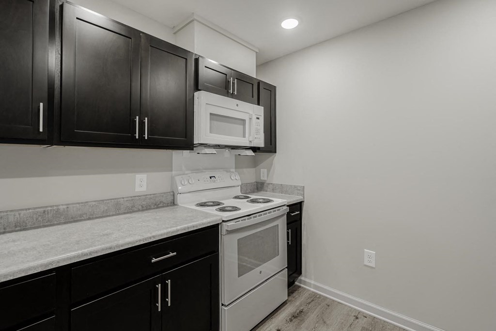 a kitchen with white appliances and black cabinets