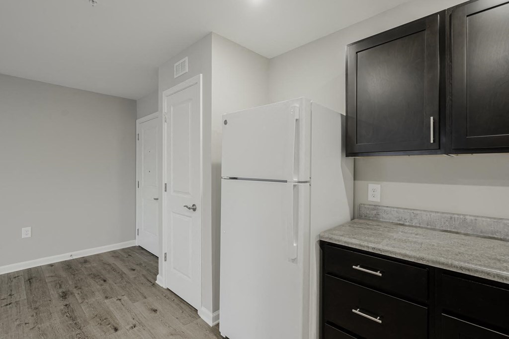 a kitchen with a white refrigerator and black cabinets
