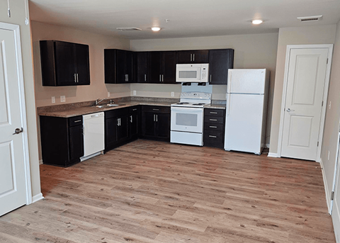 A kitchen with black cabinets and white appliances.