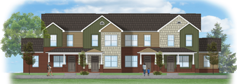 a rendering of a large home with red brick and green and brown siding