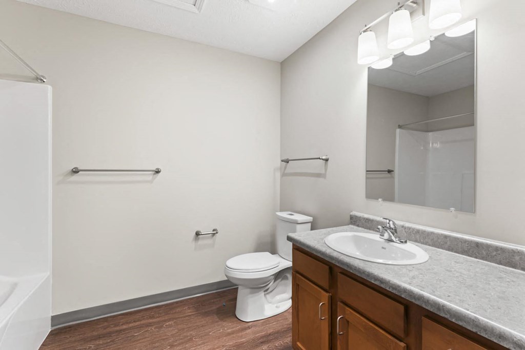 a bathroom with a sink toilet and a mirror