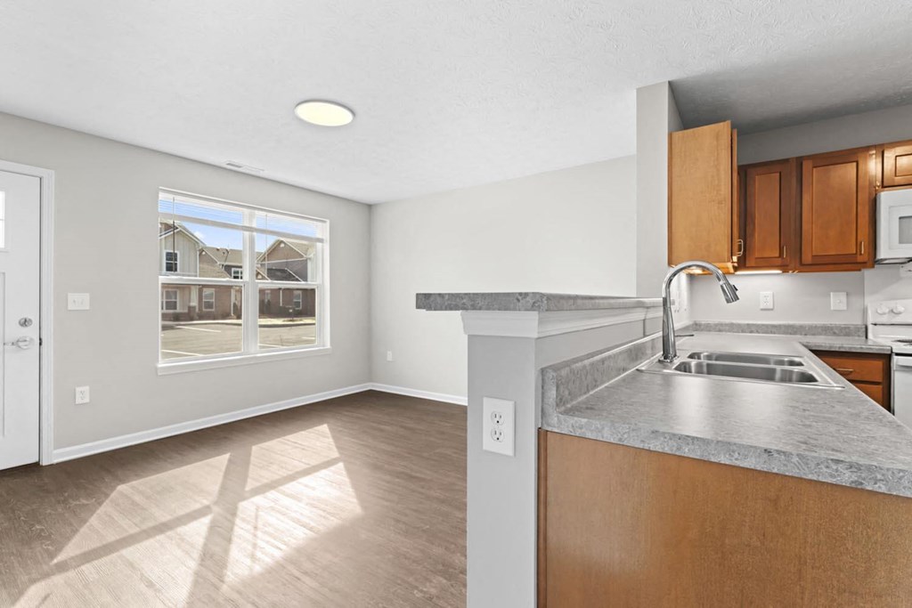 an empty kitchen with a sink and a window