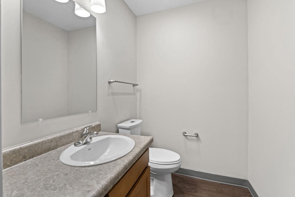 a bathroom with a sink toilet and a mirror