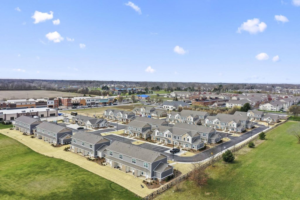 an aerial view of a neighborhood of houses