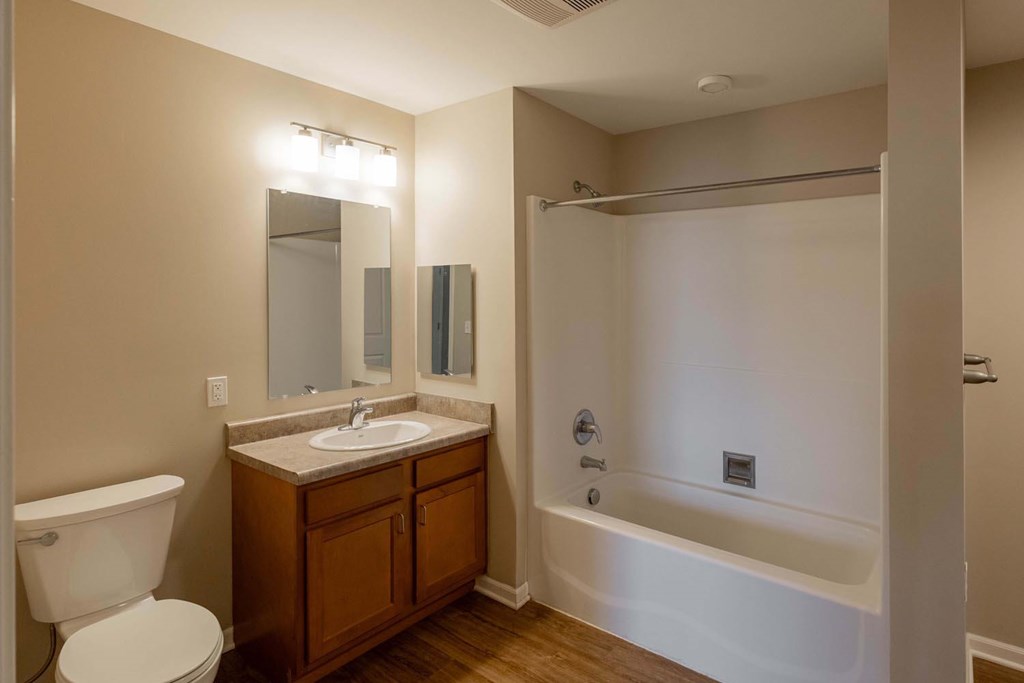 A bathroom with a white toilet, a wooden vanity with a sink, and a white bathtub.
