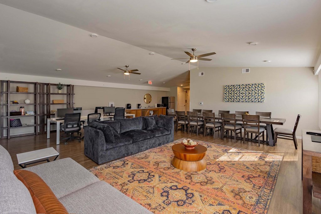 A living room with a grey couch and a rug.