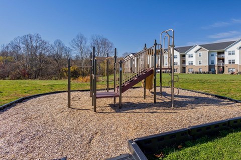 A playground with a slide and swings in a grassy area.