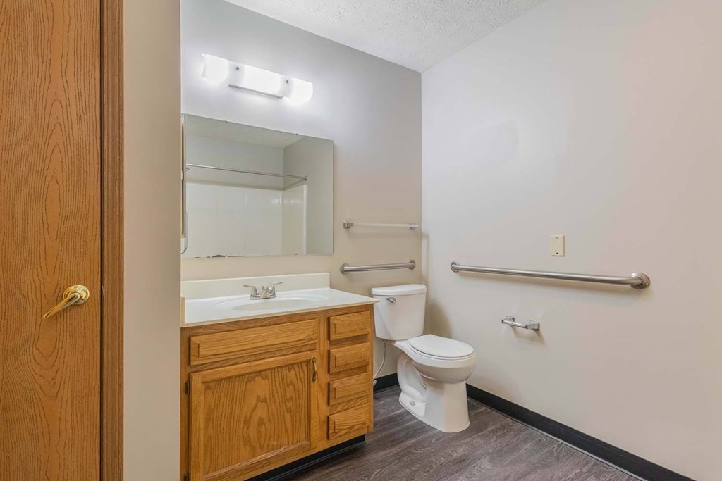 A bathroom with a toilet, sink, and mirror.