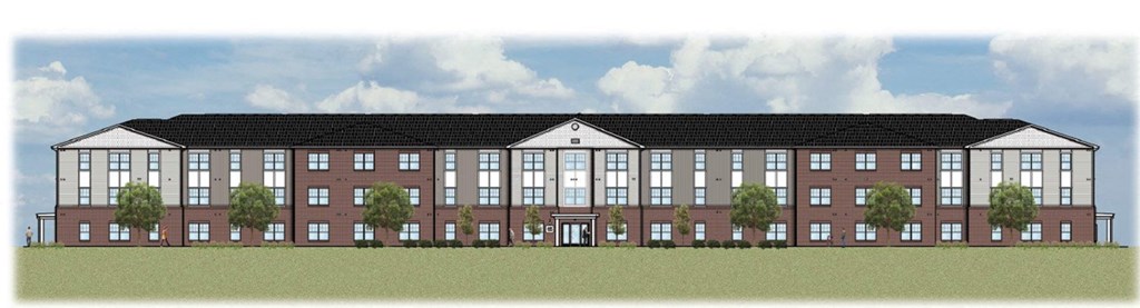 a rendering of a brick building with trees in front of it