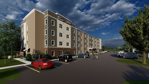 A rendering of a modern apartment complex with cars parked in the driveway.
