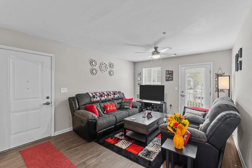 a living room with two couches and a tv