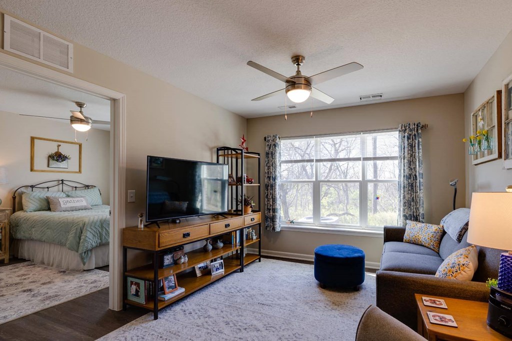 a living room with a couch and a tv in front of a window