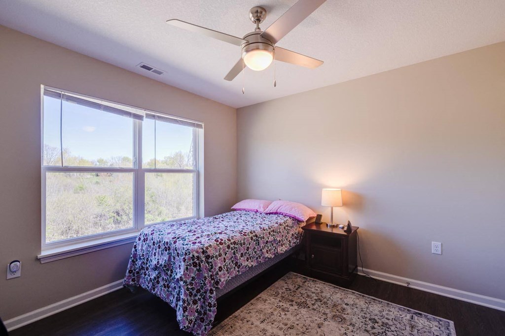a bedroom with a bed and a ceiling fan
