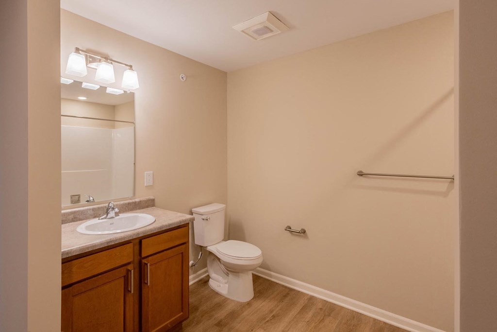 A bathroom with a toilet, sink, and mirror.