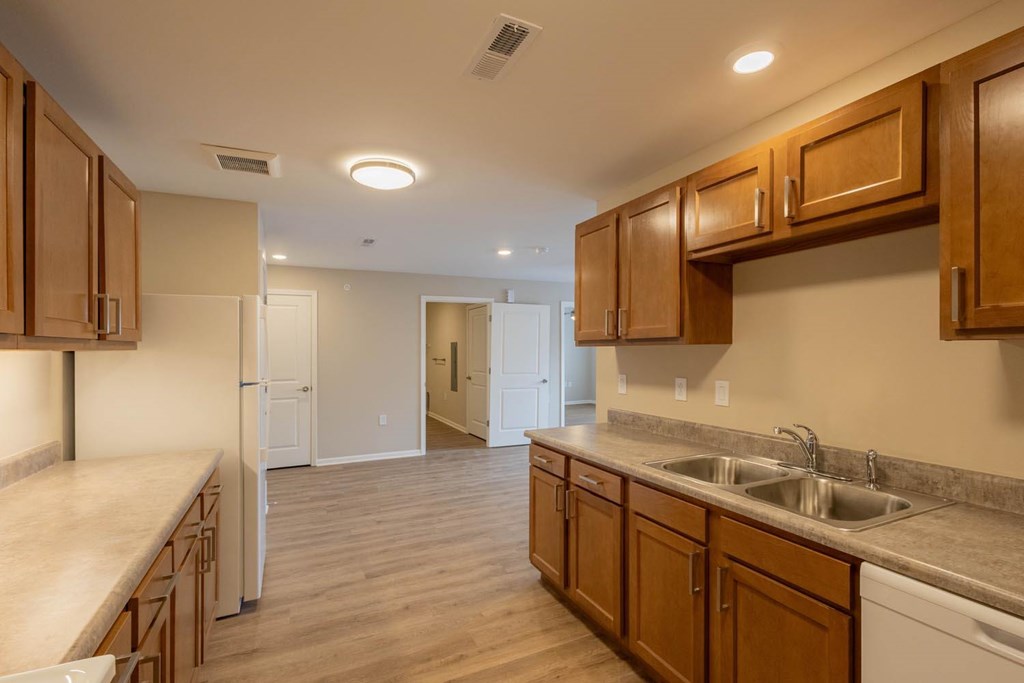 A kitchen with wooden cabinets and a marble countertop.